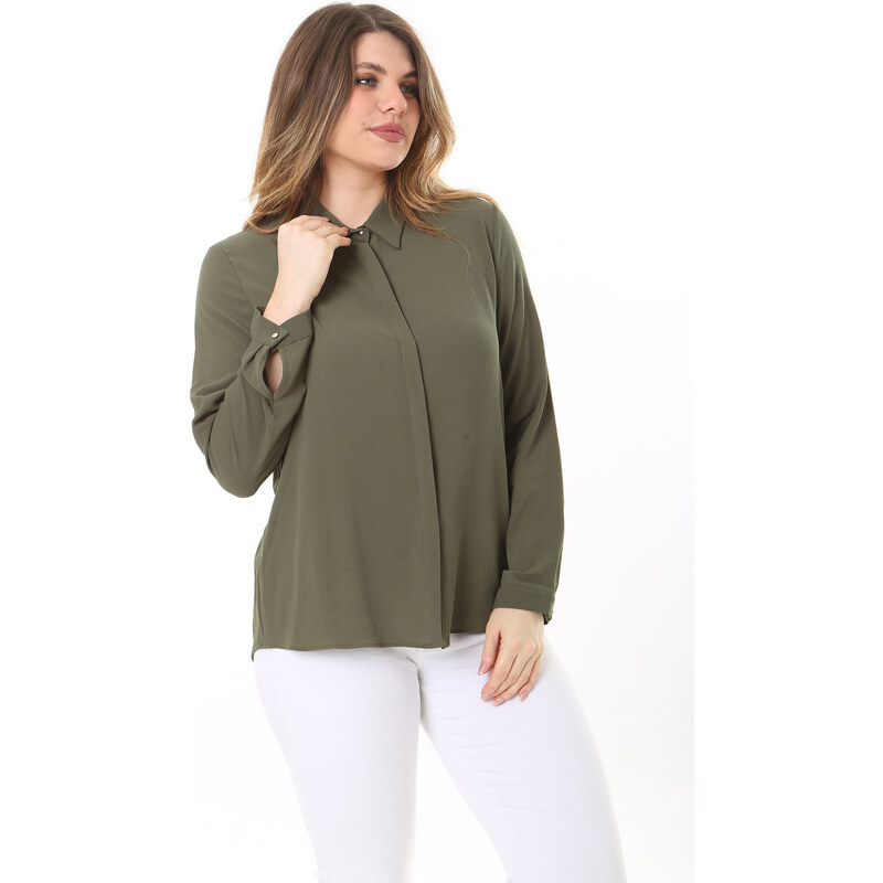 Şans Women's Plus Size Khaki Hidden Pat Button Long Sleeve Blouse