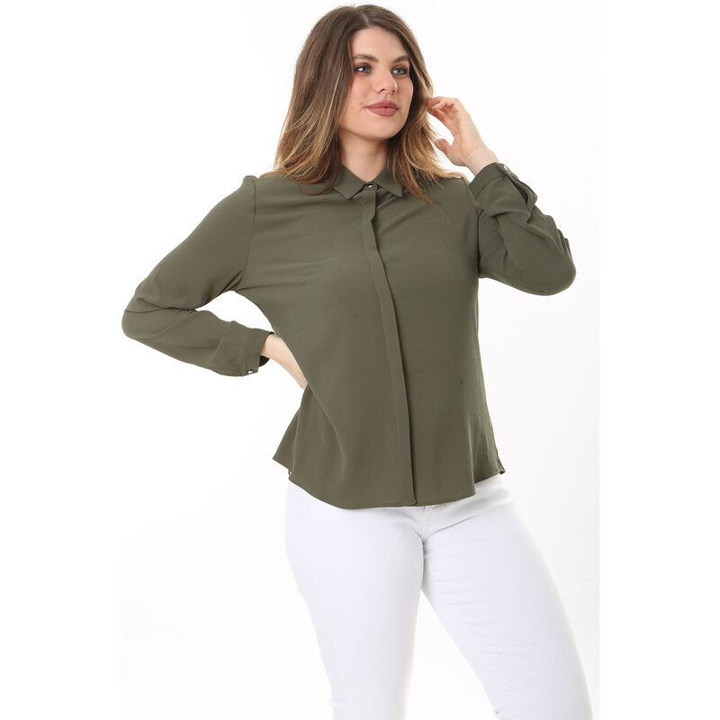 Şans Women's Plus Size Khaki Hidden Pat Button Long Sleeve Blouse