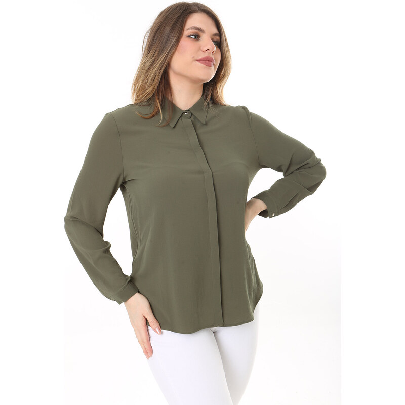 Şans Women's Plus Size Khaki Hidden Pat Button Long Sleeve Blouse