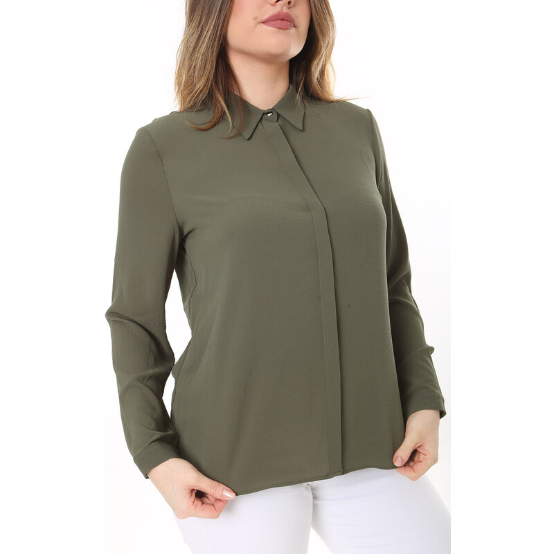 Şans Women's Plus Size Khaki Hidden Pat Button Long Sleeve Blouse