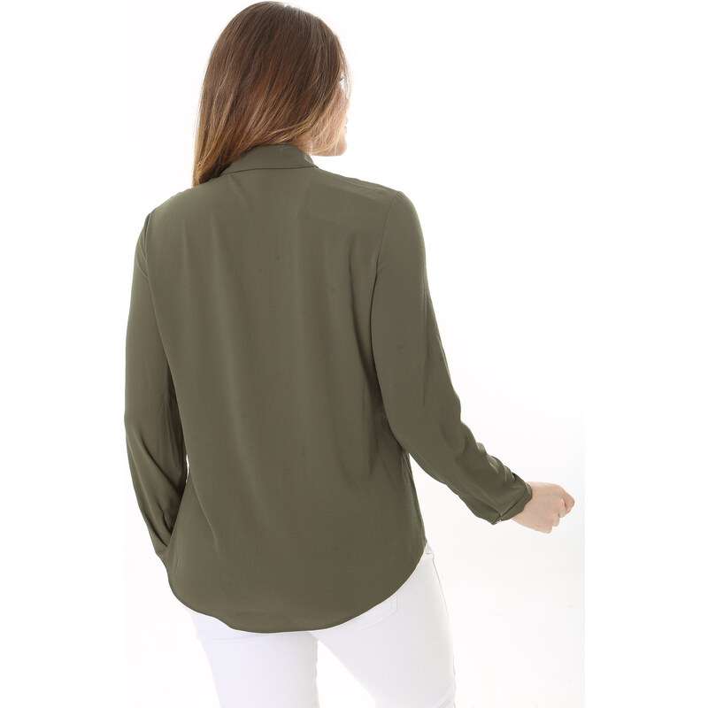 Şans Women's Plus Size Khaki Hidden Pat Button Long Sleeve Blouse