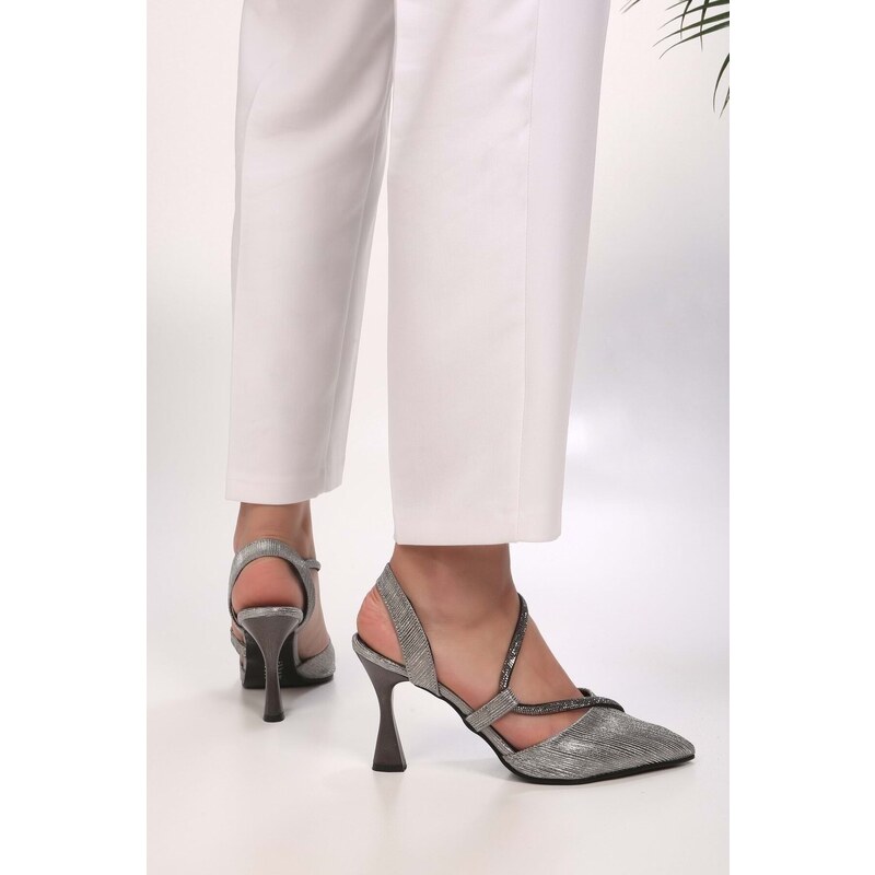 Shoeberry Women's Mungo Platinum Glittery Gemstone Heels.