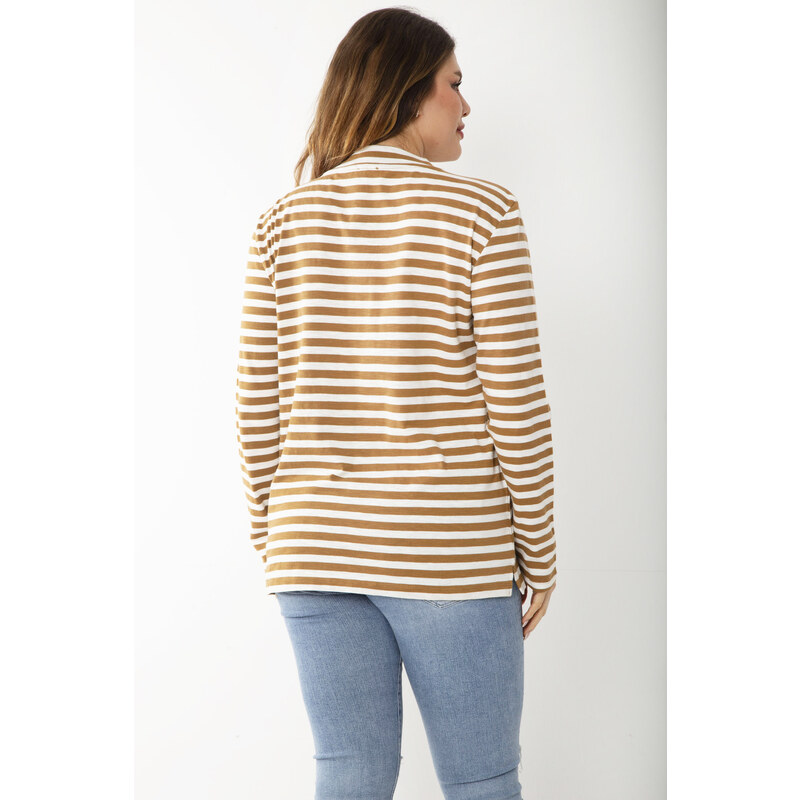Şans Women's Plus Size Milk Brown Long Sleeve Striped Blouse