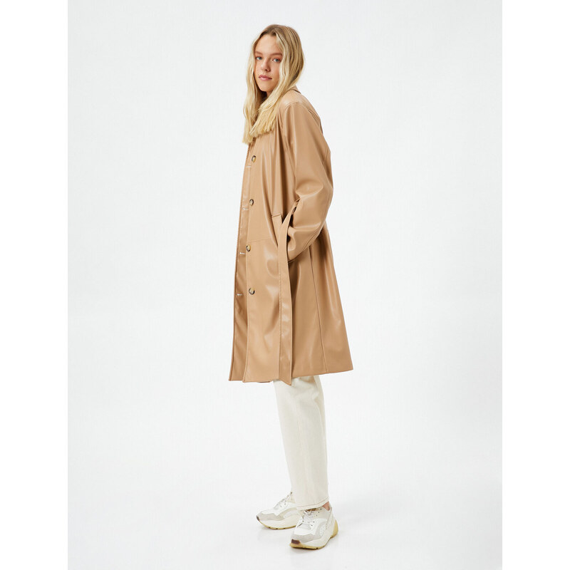 Koton Trench Coat Leather Look Midi Length Belt Detailed Pocket Buttoned