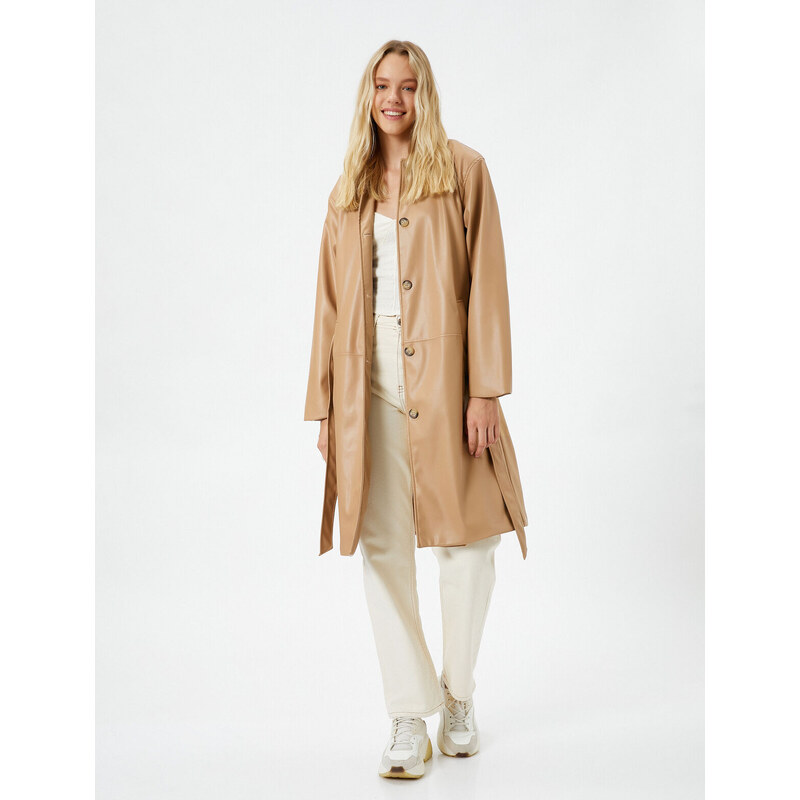 Koton Trench Coat Leather Look Midi Length Belt Detailed Pocket Buttoned