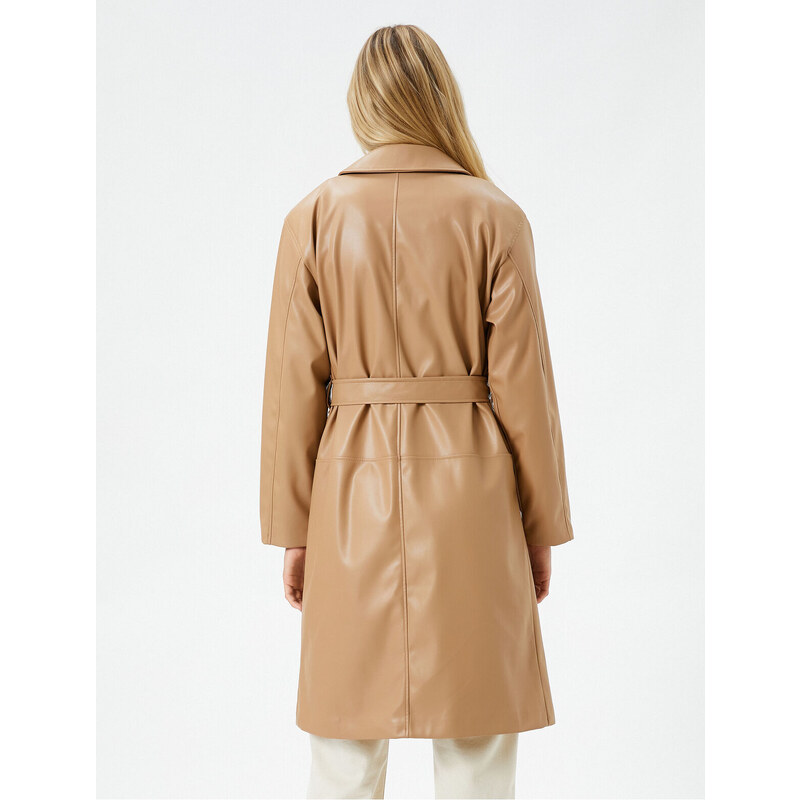 Koton Trench Coat Leather Look Midi Length Belt Detailed Pocket Buttoned