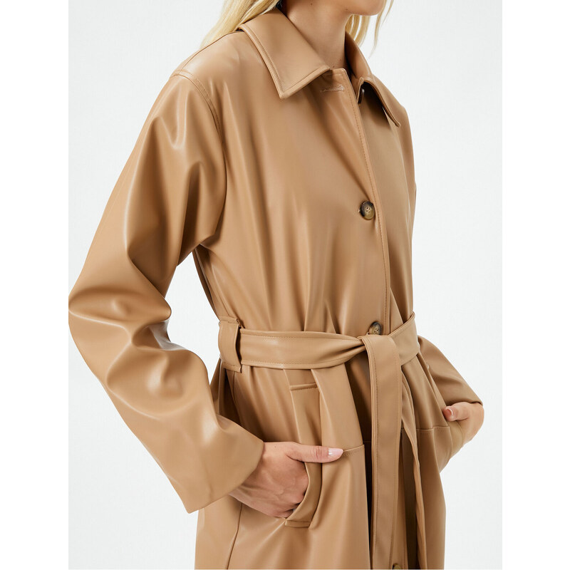 Koton Trench Coat Leather Look Midi Length Belt Detailed Pocket Buttoned