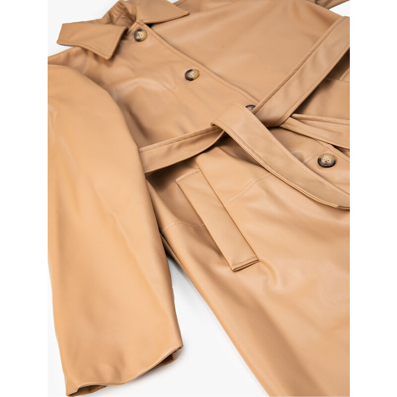 Koton Trench Coat Leather Look Midi Length Belt Detailed Pocket Buttoned