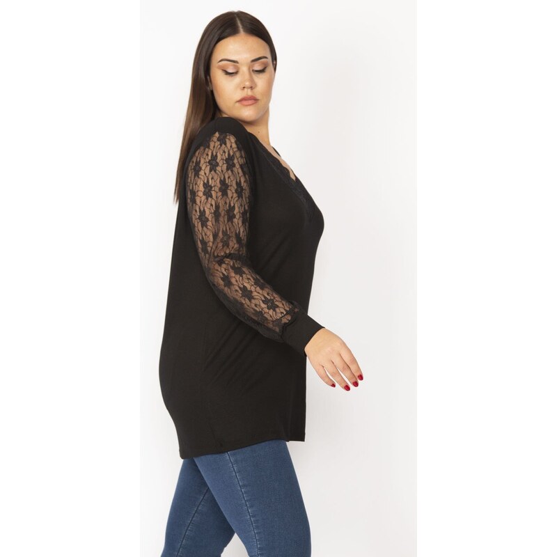 Şans Women's Plus Size Black V-Neck Blouse With Collar And Sleeves Lace