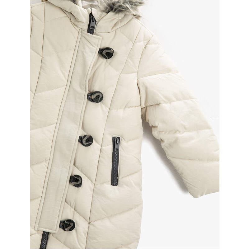 Koton Quilted Long Coat Filled Faux Für Detail Hooded Buttoned