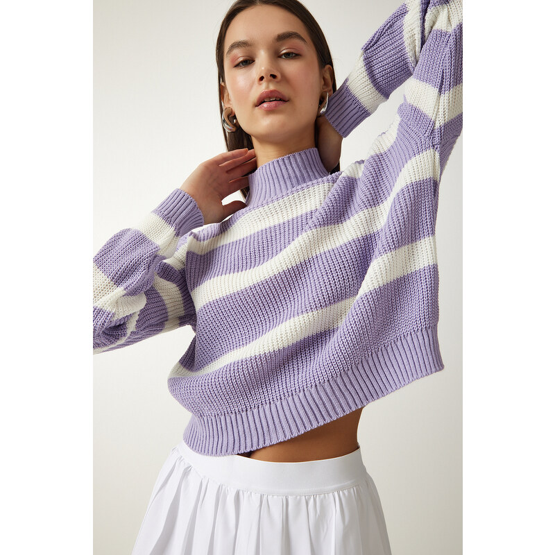 Happiness İstanbul Women's Lilac High Neck Striped Knitwear Sweater