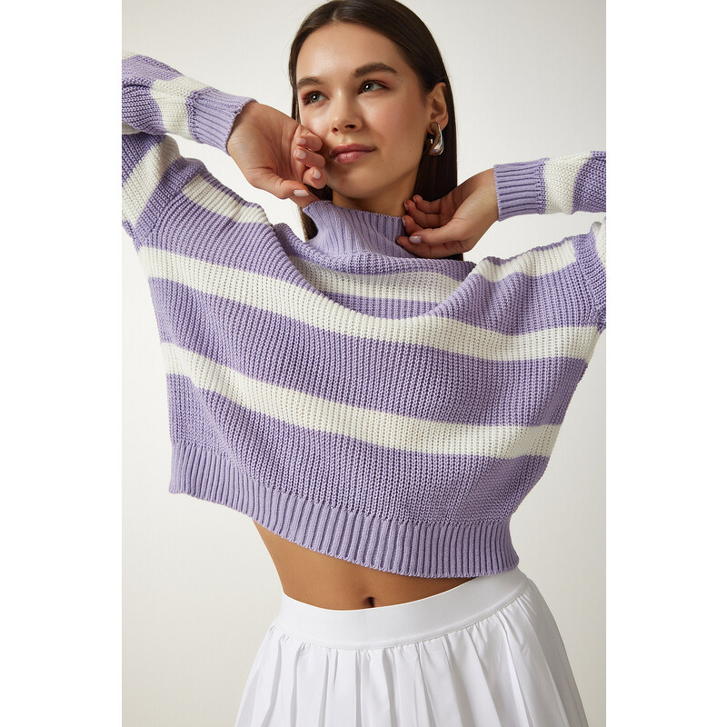 Happiness İstanbul Women's Lilac High Neck Striped Knitwear Sweater