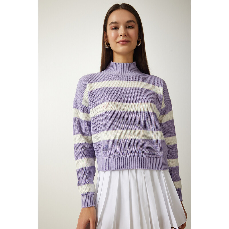 Happiness İstanbul Women's Lilac High Neck Striped Knitwear Sweater
