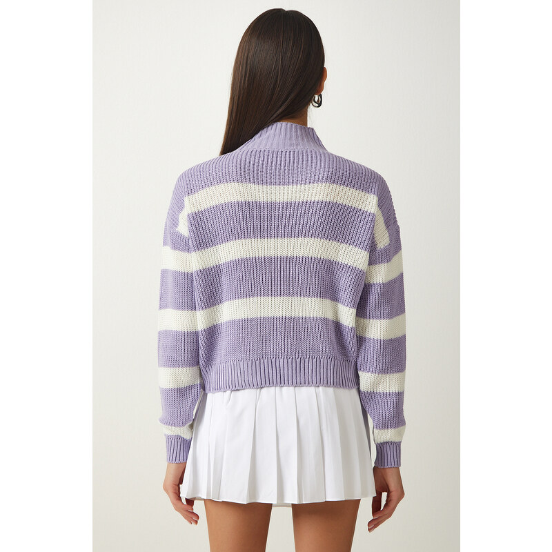 Happiness İstanbul Women's Lilac High Neck Striped Knitwear Sweater