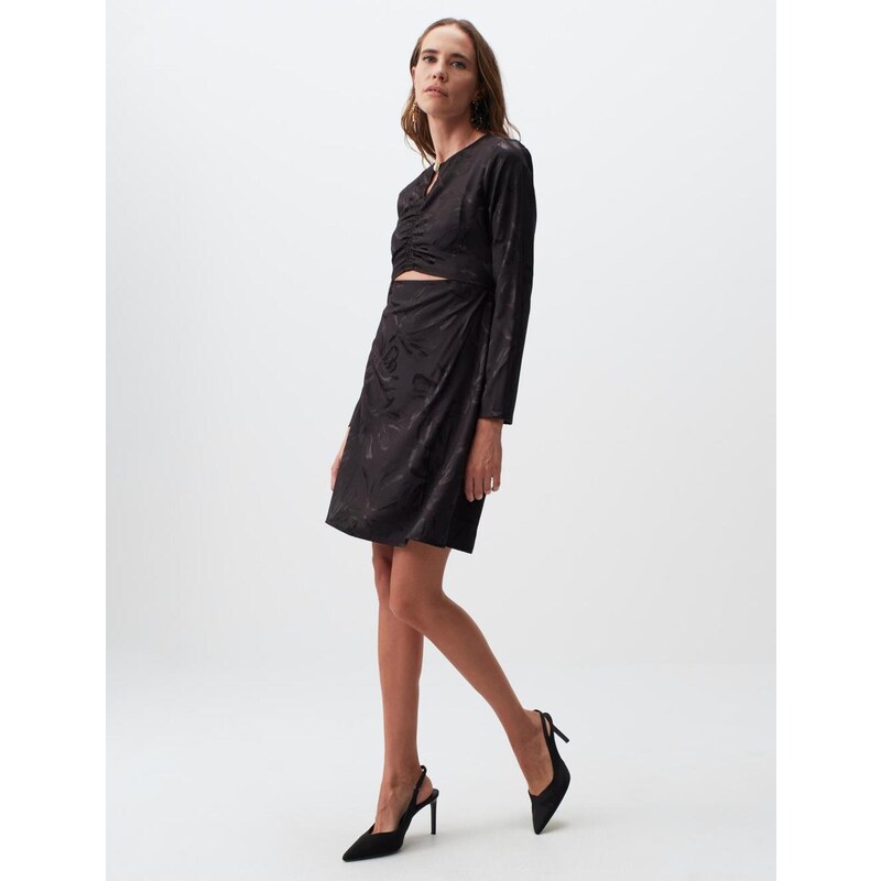 Jimmy Key Black Round Neck Long Sleeve Patterned Mini Dress