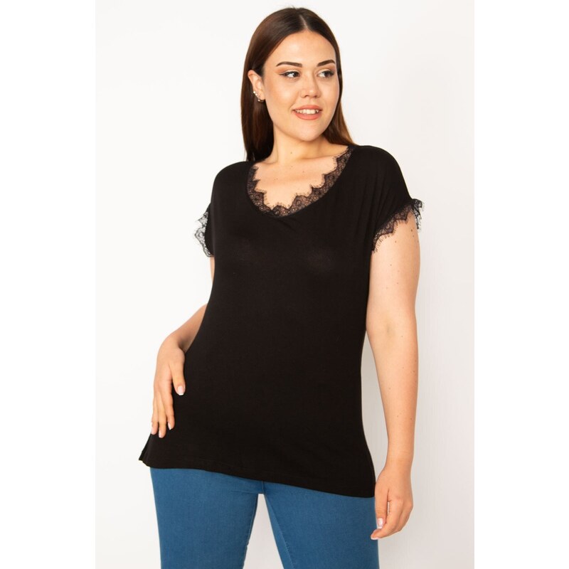 Şans Women's Plus Size Black Lace Detailed Blouse