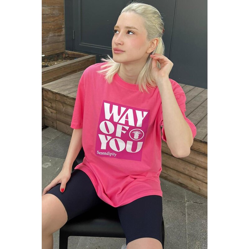 Madmext Pink Printed Crew Neck Overfit T-Shirt