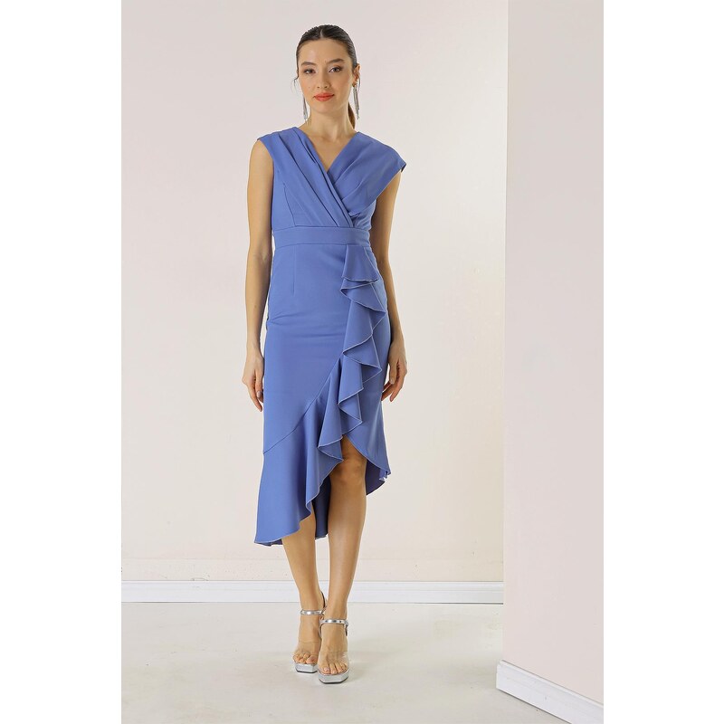 By Saygı Double Breasted Collar Front Flounce Lined Crepe Dress