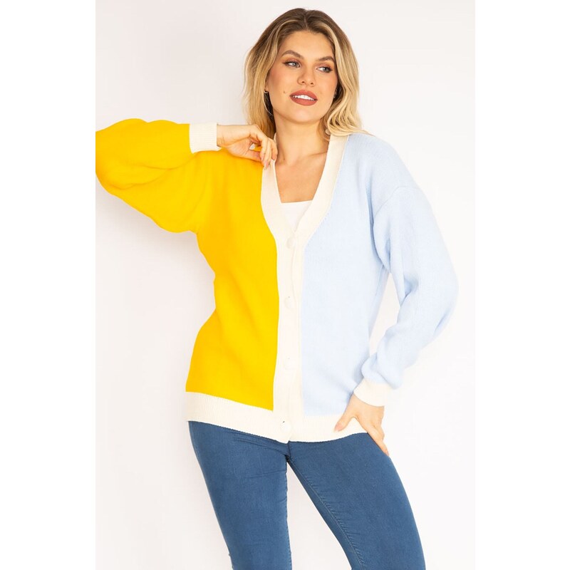Şans Women's Plus Size Blue Knitwear Cardigan with Buttons and Button