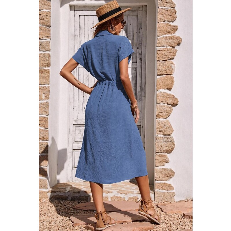 Madmext Blue Shirt Collar Long Dress