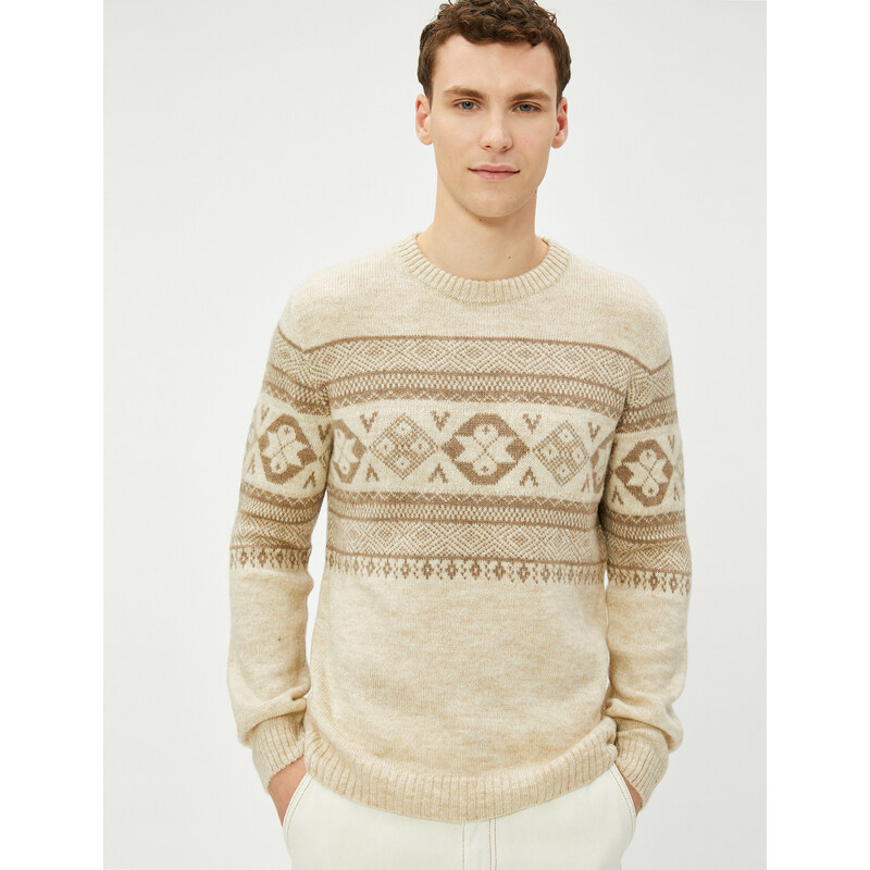 Koton Acrylic Blended Sweater Ethnic Patterned Crew Neck