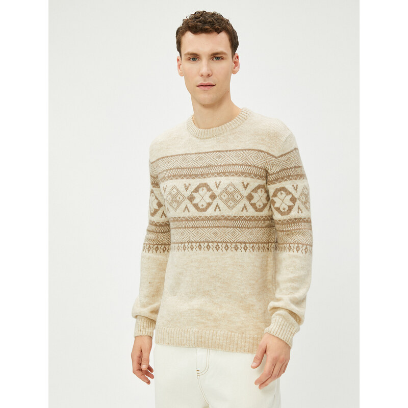 Koton Acrylic Blended Sweater Ethnic Patterned Crew Neck