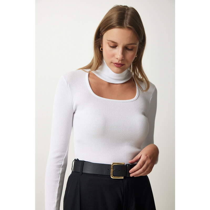 Happiness İstanbul Women's White Cut Out Detailed Turtleneck Ribbed Knitted Blouse