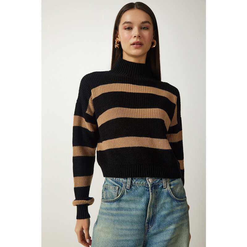 Happiness İstanbul Women's Black Biscuit Stand-Up Collar Striped Knitwear Sweater