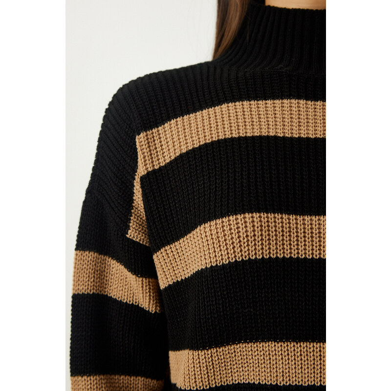 Happiness İstanbul Women's Black Biscuit Stand-Up Collar Striped Knitwear Sweater