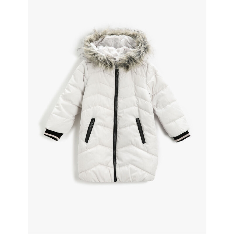 Koton Inflatable Long Coat Faux Fur Detailed Hooded, Zippered with Pocket.