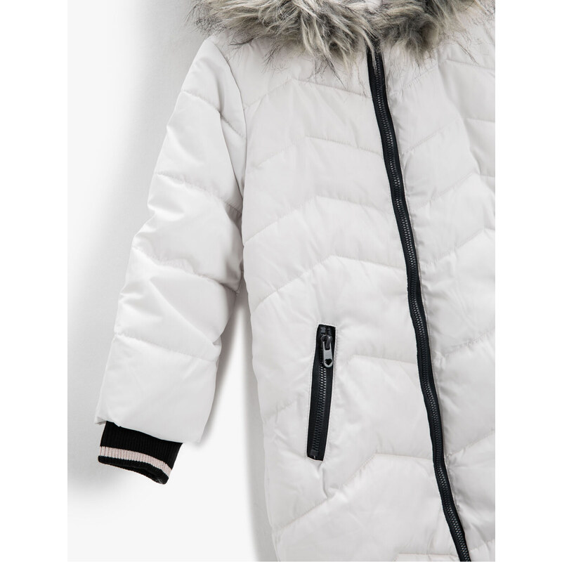 Koton Inflatable Long Coat Faux Fur Detailed Hooded, Zippered with Pocket.