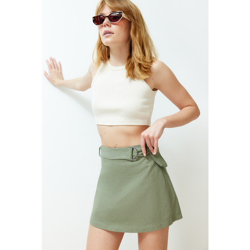 Trendyol Khaki Belt Woven Short Skirt