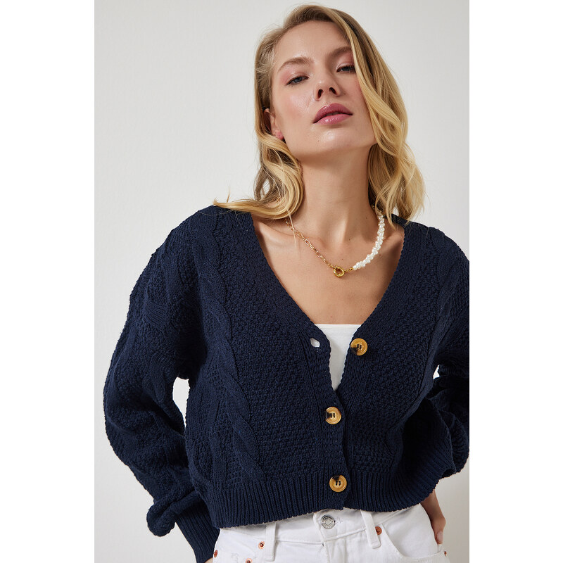 Happiness İstanbul Women's Navy Blue Motif Buttoned Crop Knitwear Cardigan