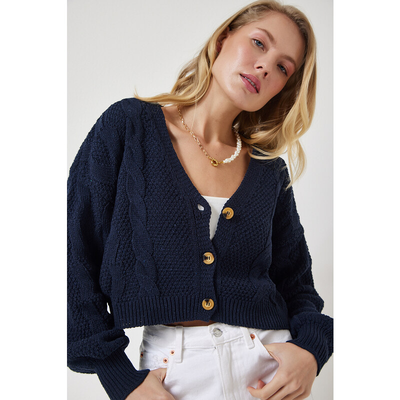 Happiness İstanbul Women's Navy Blue Motif Buttoned Crop Knitwear Cardigan