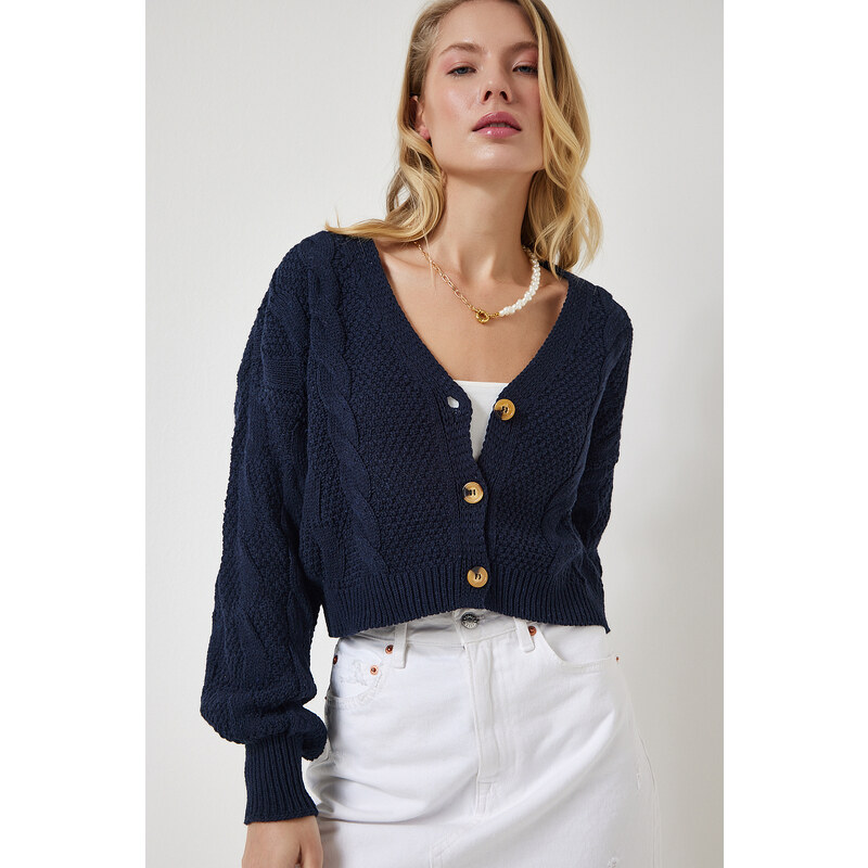 Happiness İstanbul Women's Navy Blue Motif Buttoned Crop Knitwear Cardigan