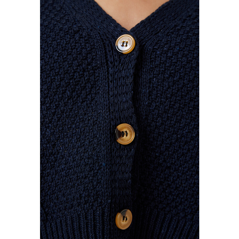 Happiness İstanbul Women's Navy Blue Motif Buttoned Crop Knitwear Cardigan