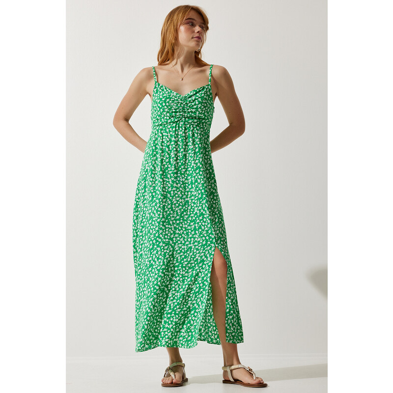 Happiness İstanbul Women's Green Strap Patterned Viscose Dress