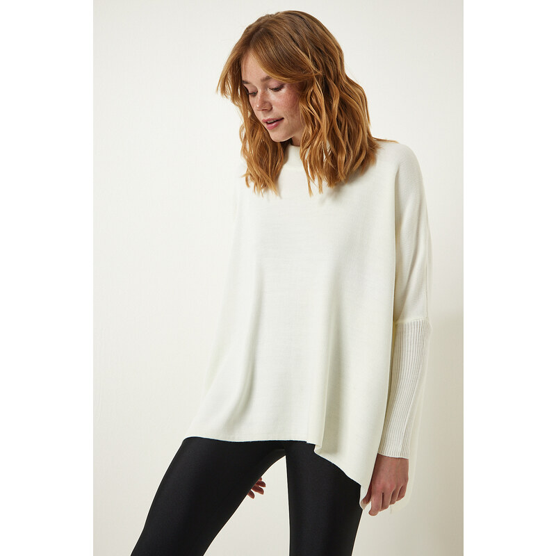 Happiness İstanbul Bone High Neck Slit Knitwear Poncho Sweater