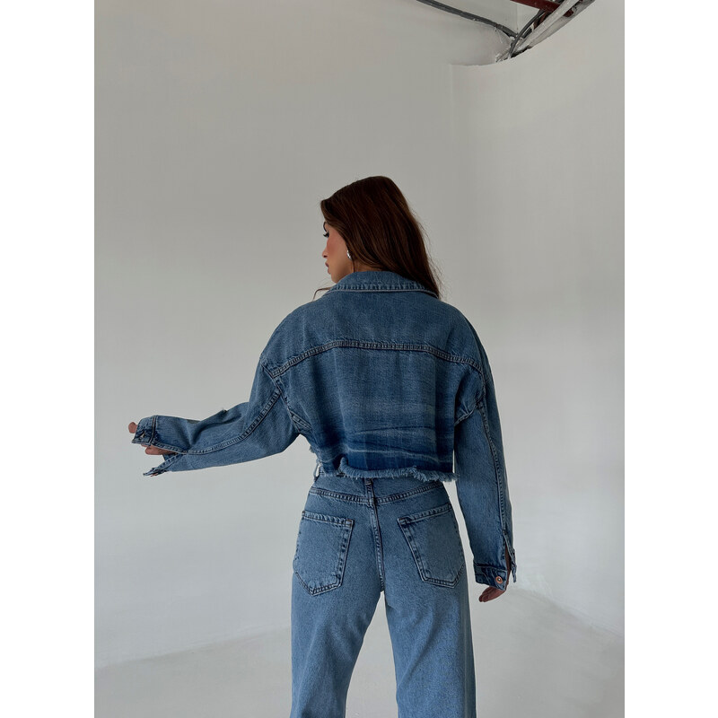 Laluvia Blue Laser Crop Denim Jacket