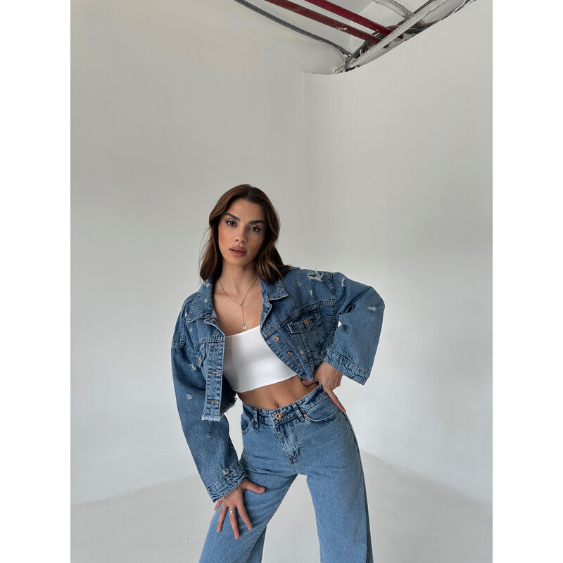 Laluvia Blue Laser Crop Denim Jacket