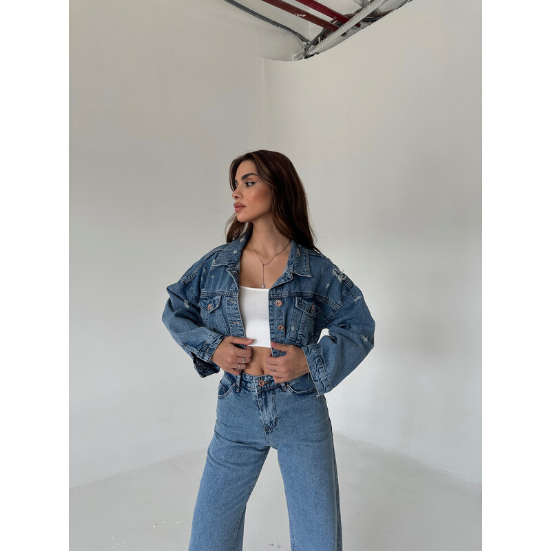 Laluvia Blue Laser Crop Denim Jacket