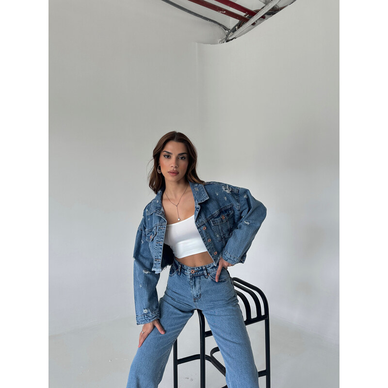 Laluvia Blue Laser Crop Denim Jacket