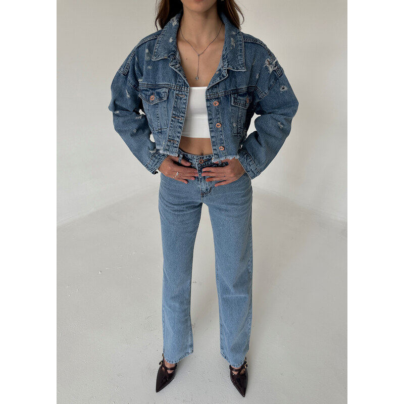 Laluvia Blue Laser Crop Denim Jacket