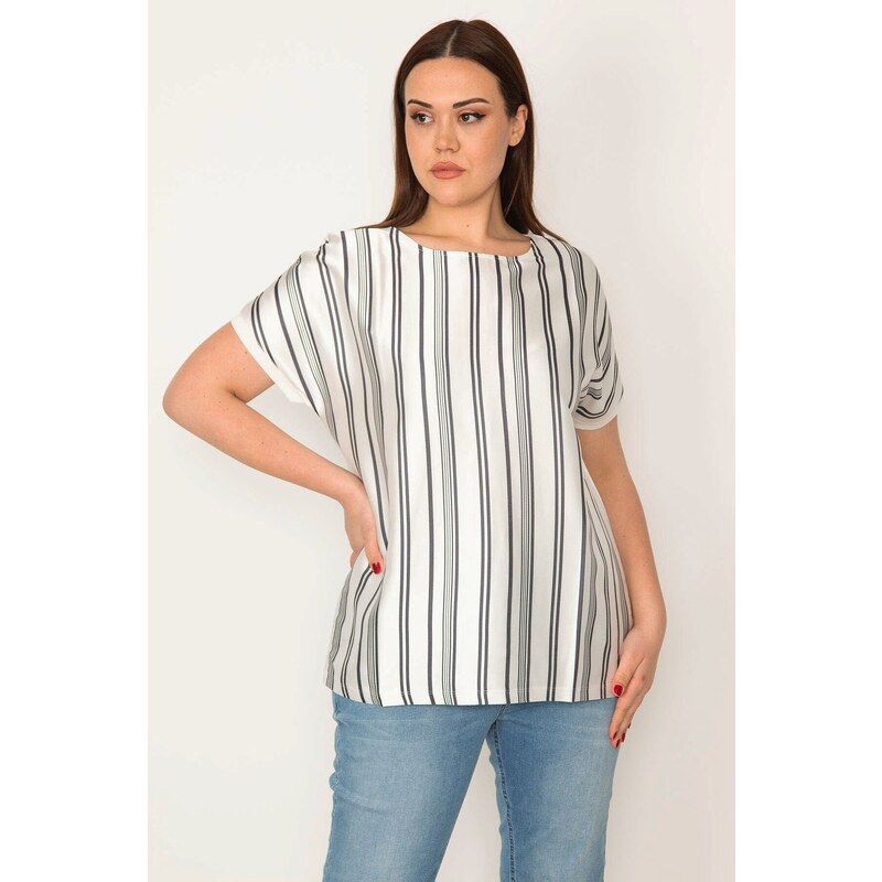 Şans Women's Plus Size Bone Front Striped Satin Fabric Back Viscose Low Sleeve Blouse