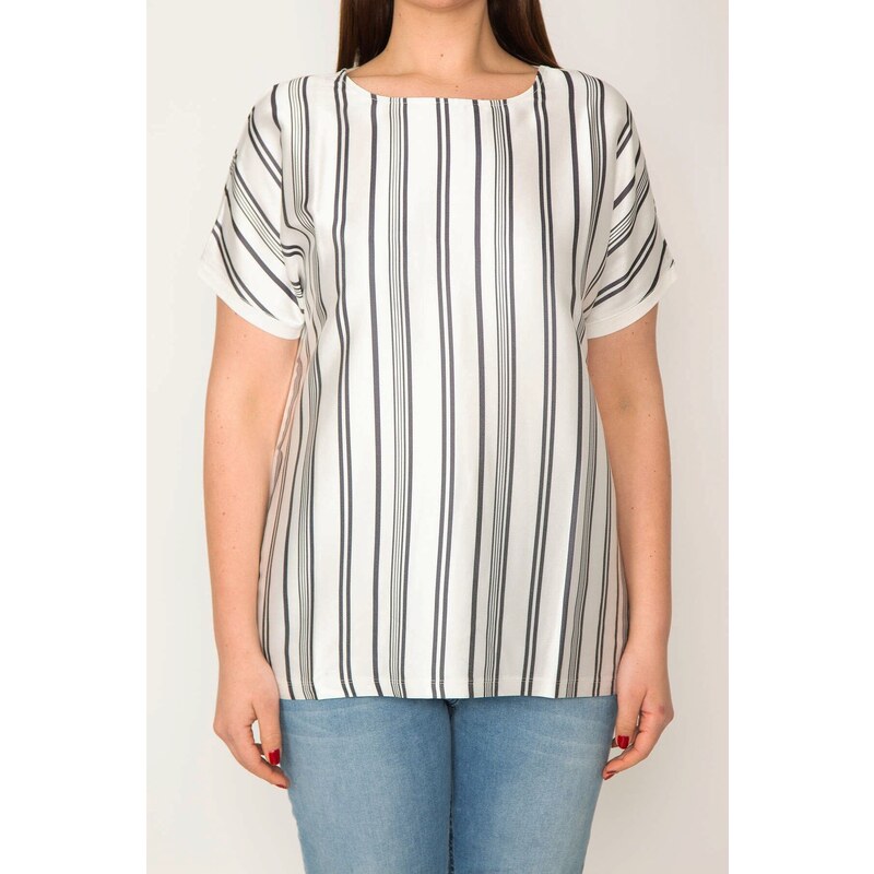 Şans Women's Plus Size Bone Front Striped Satin Fabric Back Viscose Low Sleeve Blouse