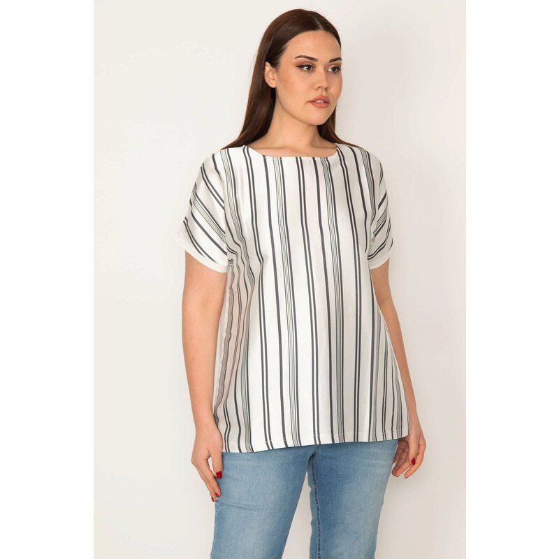 Şans Women's Plus Size Bone Front Striped Satin Fabric Back Viscose Low Sleeve Blouse