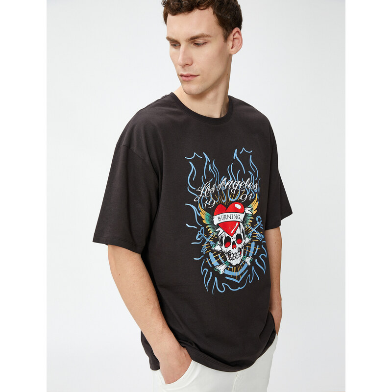 Koton Oversized T-Shirt, Skull Print, Crew Neck Cotton.
