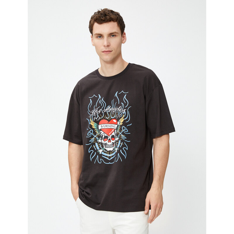 Koton Oversized T-Shirt, Skull Print, Crew Neck Cotton.