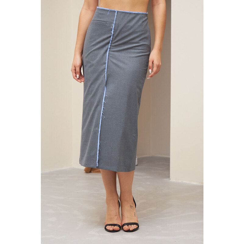 Laluvia Gray Stripe Detailed Slit Fabric Skirt