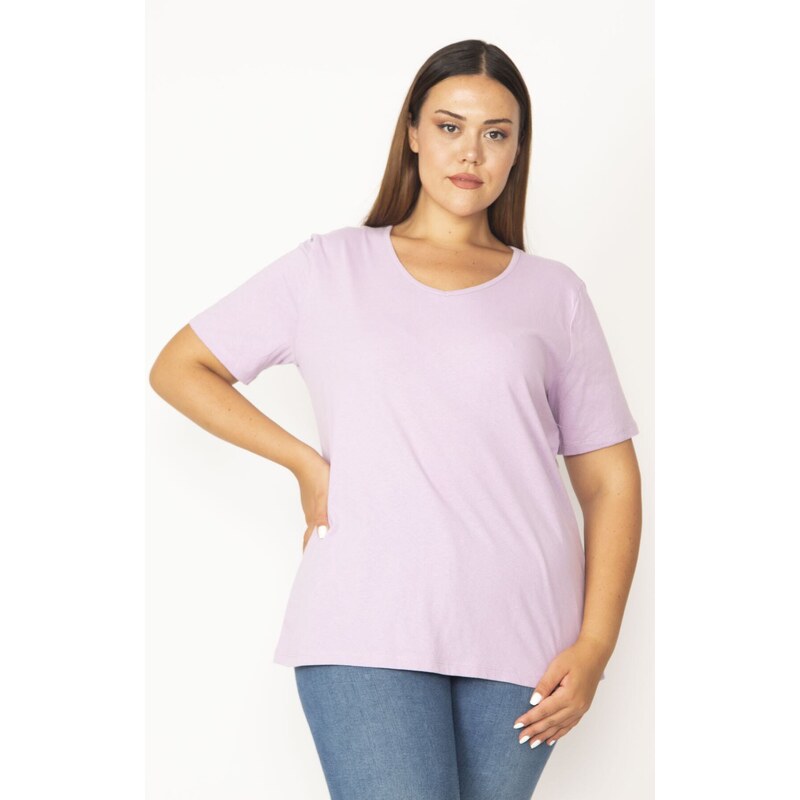 Şans Women's Plus Size Lilac Cotton Fabric V-Neck Short Sleeve Blouse